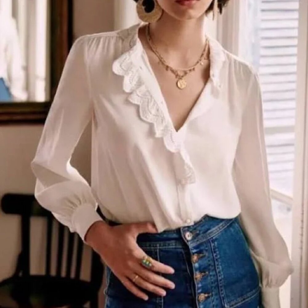 BEST Sezane Chlo Silk Blouse Ecru Ivory White French Classic Causal FR38/US6 - Picture 13 of 14